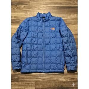 The North Face 550 Down Jacket Men L Blue Puffer Orange Logo
